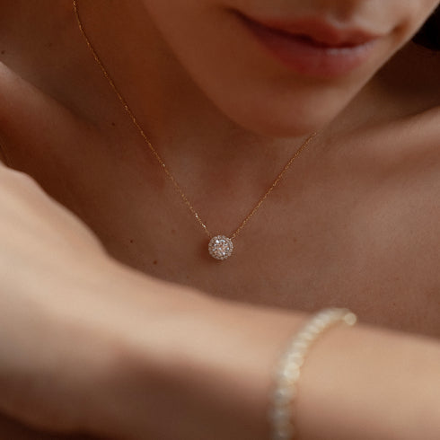 1.30ct Lab Diamond Halo Necklace in 9K Yellow Gold G/Vs